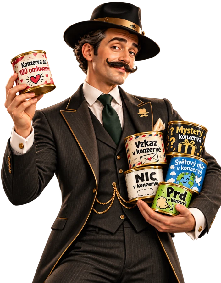 Pan Konzerva s náručí konzerv